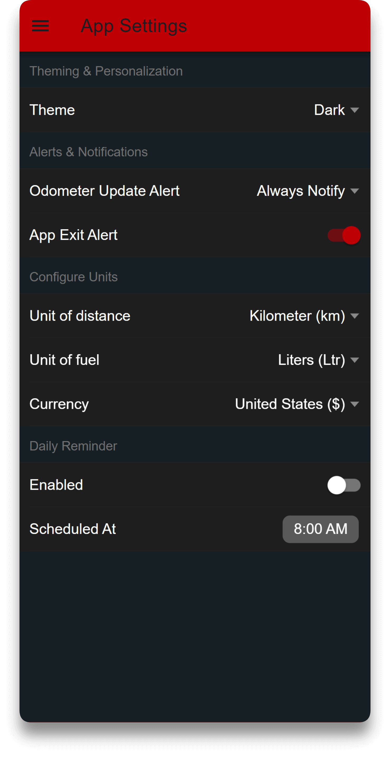 MyBikes.App: Motorcycle Manager app settings feature